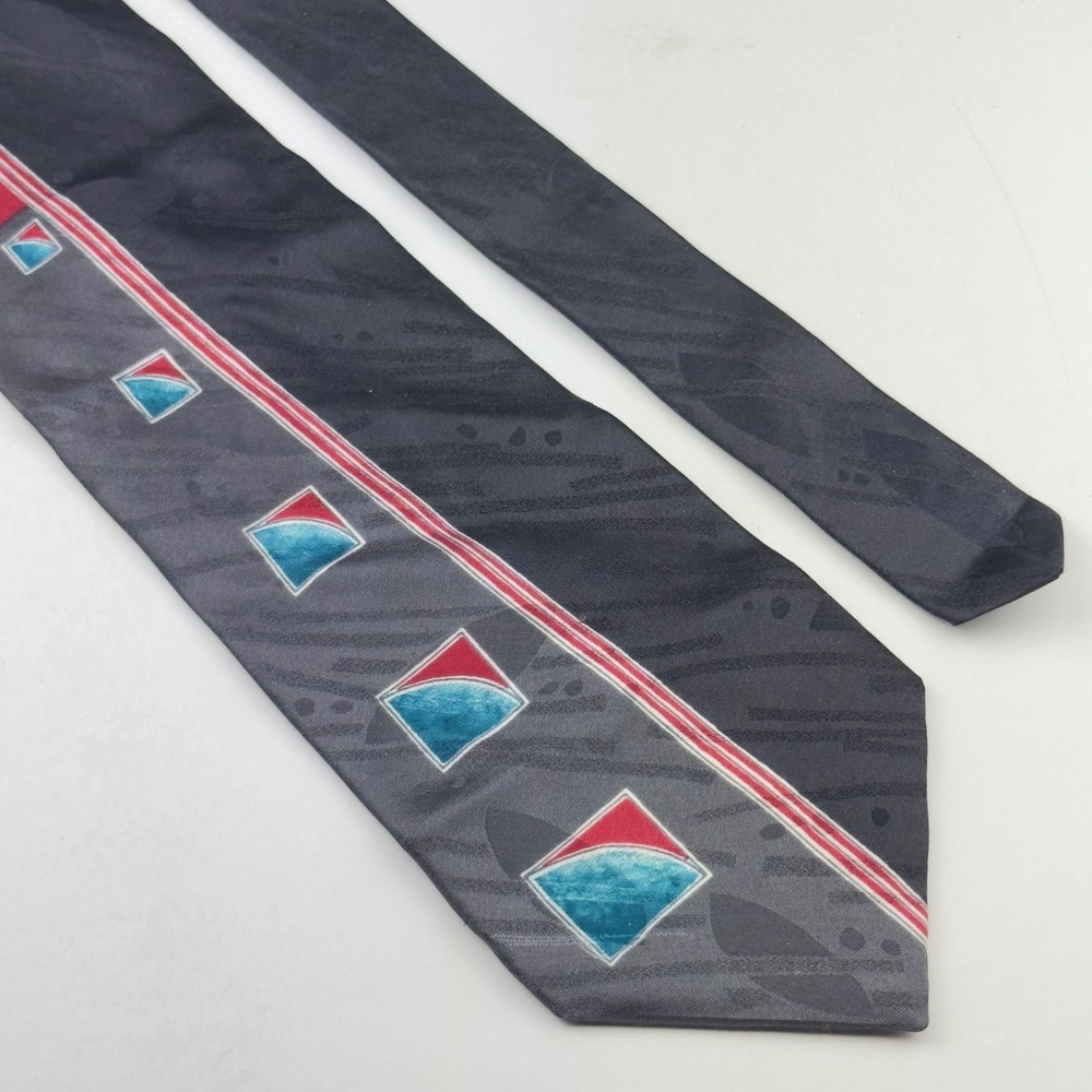 Halston III Mens Silk Tie Gray Black Red Teal Geometric Stripe Italian Silk